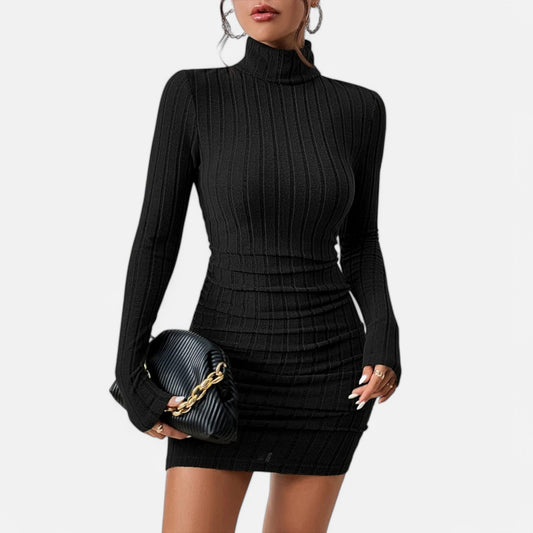 Claireve | Mini-Robe Noire Col Roulé – Élégance Sculptée, Charme Automnal