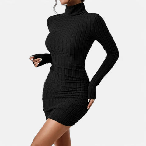 Claireve | Mini-Robe Noire Col Roulé – Élégance Sculptée, Charme Automnal